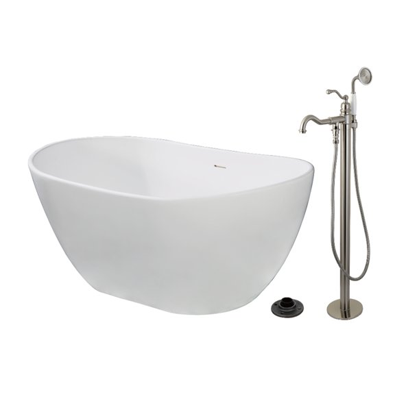 Kingston Brass KRTRS5732138AL 57" Solid Surface Oval Double Slipper Freestanding Tub with Faucet Combo and Drain, Brushed Nickel