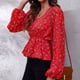 thumbnail image 3 of Imprimir V cuello Wrap Top linterna manga larga volante dobladillo mujeres impresión Floral Wrap blusa para mujer pequeño ramo de flores sobre fondo rojo M, 3 of 6