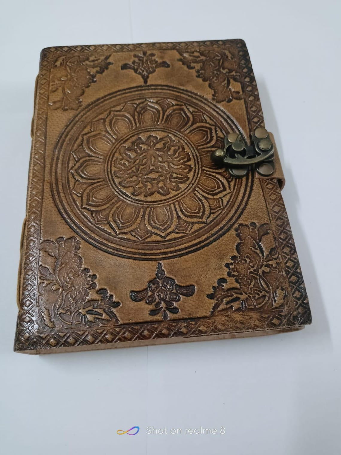 Light Brown Leather Journal – Circular Mandala Medallion with Brass C-Hook Clasp, 7x5 Inch 240 Pages, Ideal for Writing or Personal Diary