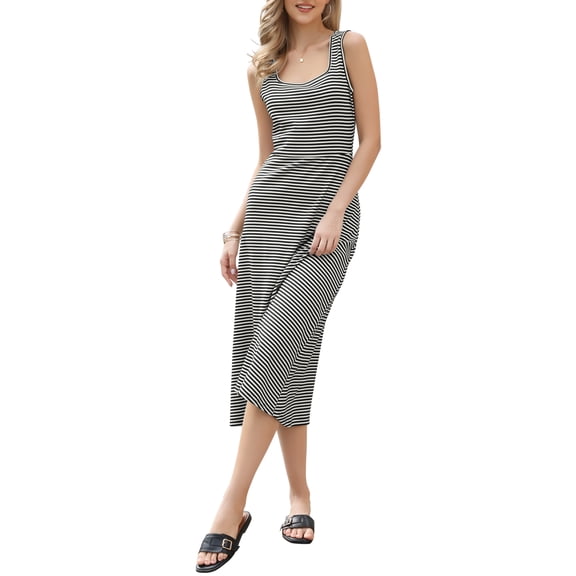 INSPIRE CHIC Striped Midi Dress for Women Summer Ribbed Knit Bodycon Sleeveless Tank Dresses XS Black
