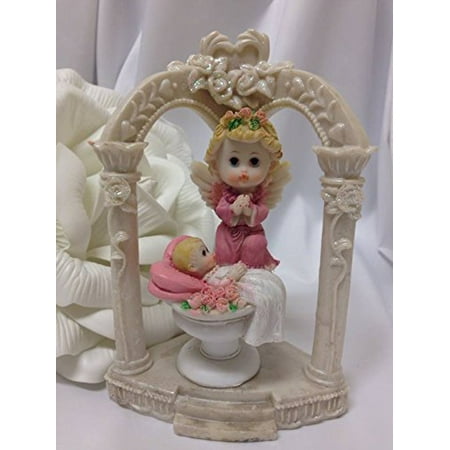 Baptism Angel Figurine - Pink Angel Girl in Arch Column Figurine Baptism Cake Topper Centerpiece Decoration