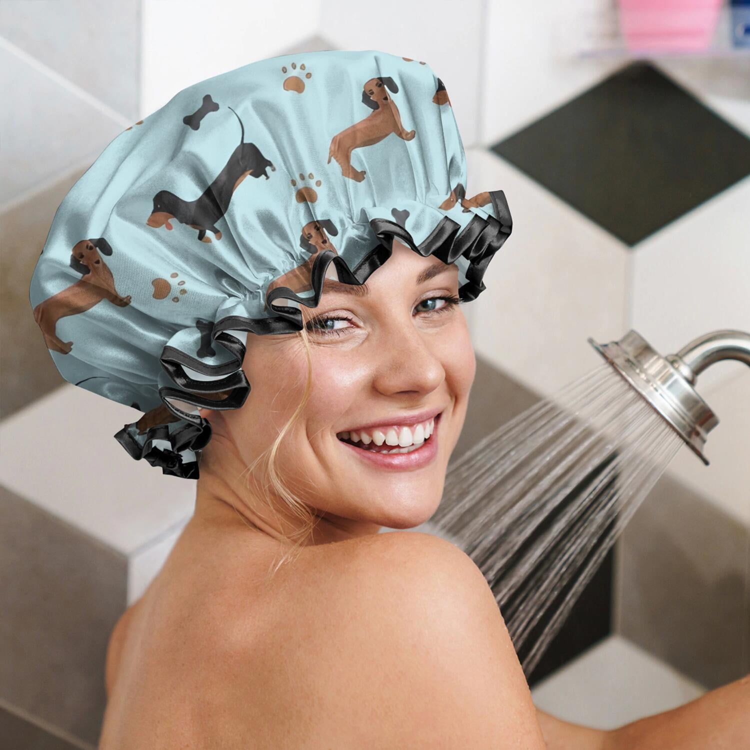 Shower Caps,Dachshund Footprint Bone Waterproof Shower Cap for Women 4 Pieces,Double Reusable Hair Cover for Shower PEVA Elastic Stretch Hem