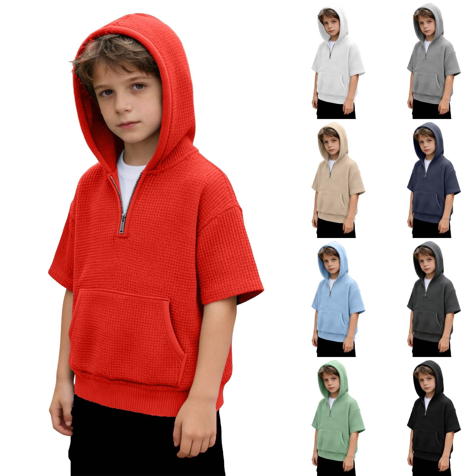 Shadoumai Boys Short Sleeve Hoodie Kids Hafl Zip Waffle Knit Hooded Shirts with Pocket Athletic Pullover Tops Streetwear 3-4 Years