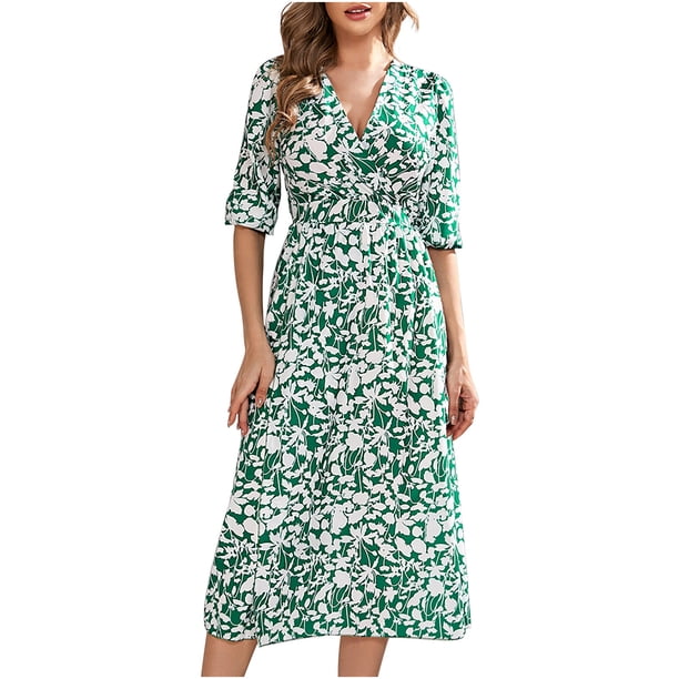 Vestido de verano con estampado bohemio para mujer, cuello en V, manga corta, abertura lateral, vestido de playa, vestido de sol, vestido a media pierna Fridja qw5765