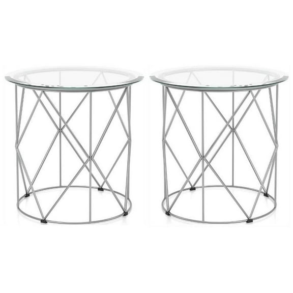 Home Square Fland Contemporary Glass Top End Table in Chrome - Set of 2