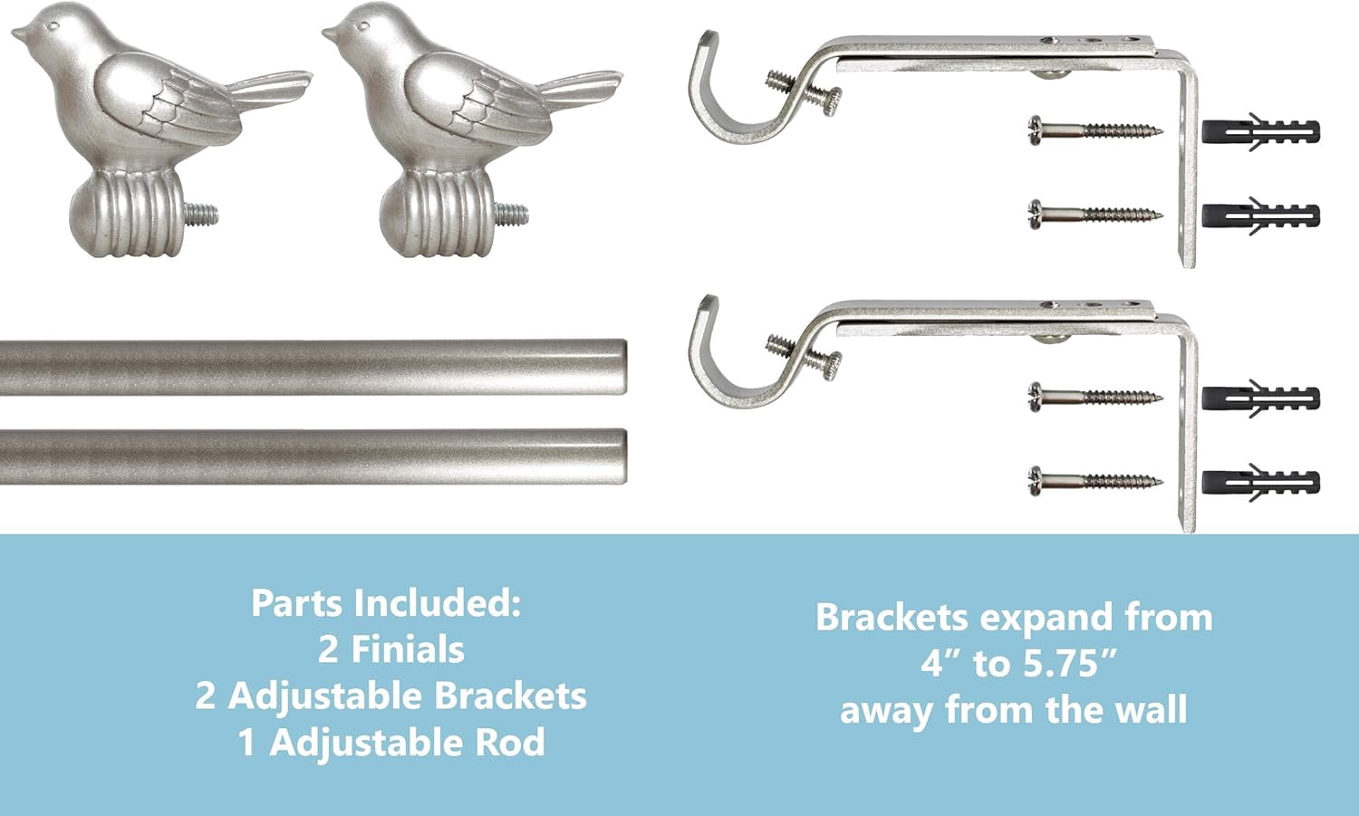 Urbanest 3/4-inch Cute Bird Designer Decorative Adjustable Window Treatment Curtain Single Rod Set, Heavy Duty, Antique Silver/Pewter, 28"-48"
