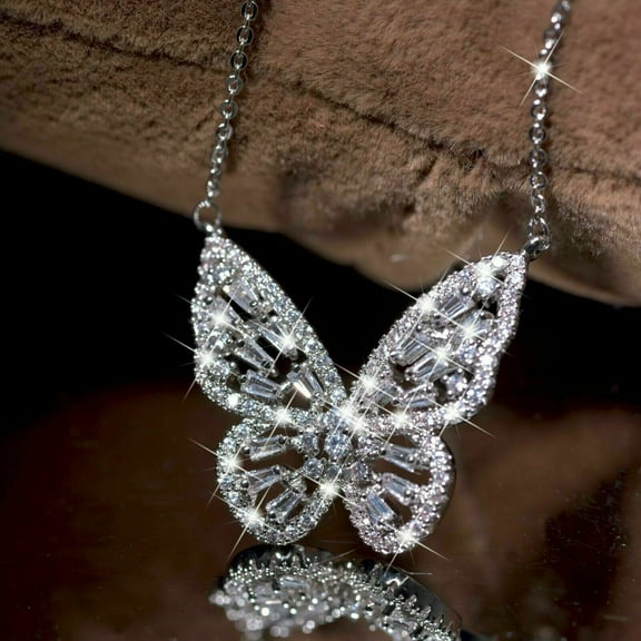 2Ct Baguette Cut Lab Created Diamond Butterfly Pendant 14K White Gold Plated For Her 925 Silver Free CHAIN 18"