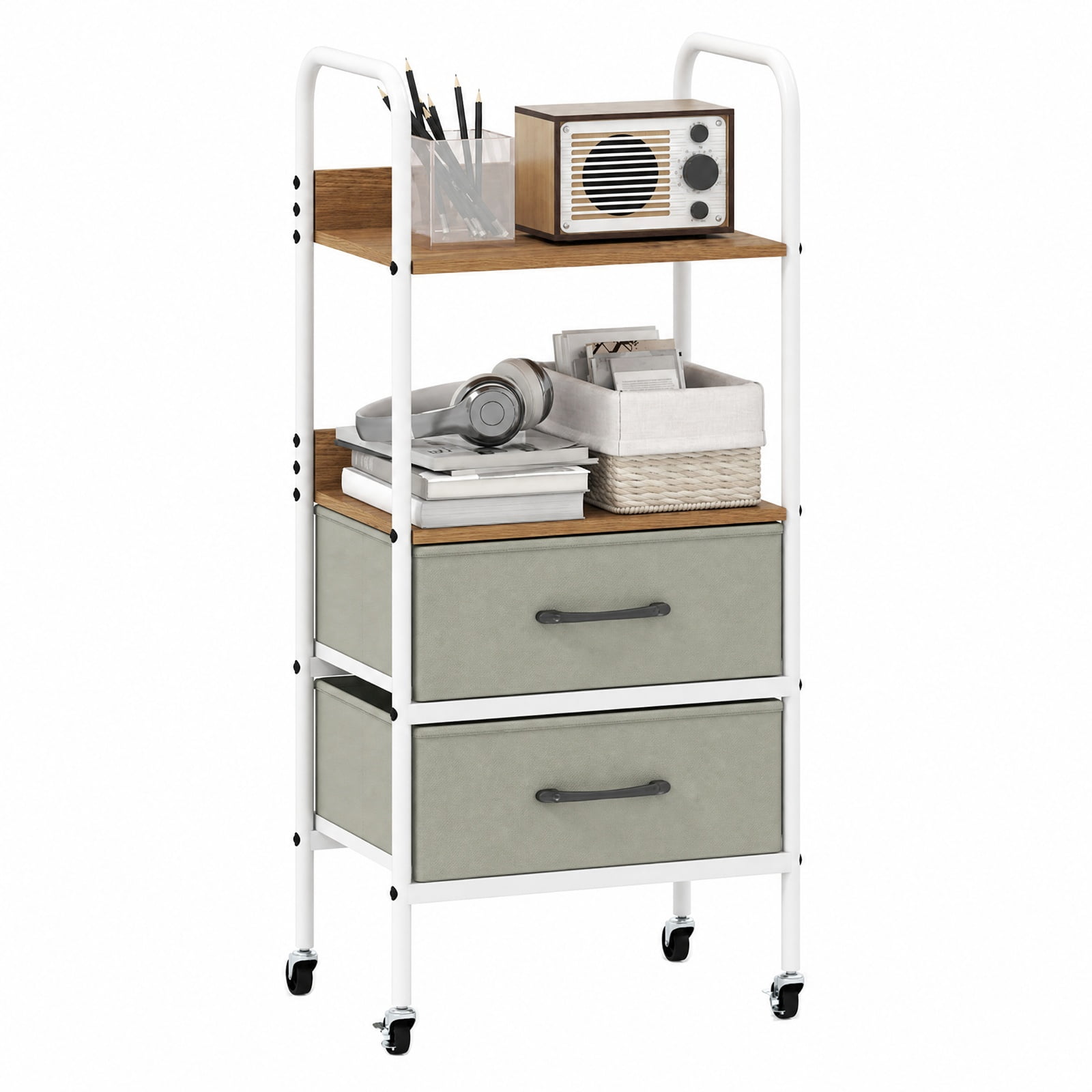 Furnibear Rolling Utility Storage Cart with 2 Open Shelves and 2 Fabric Drawers for Home Office Filing Document Letter Legal Storage, Natural