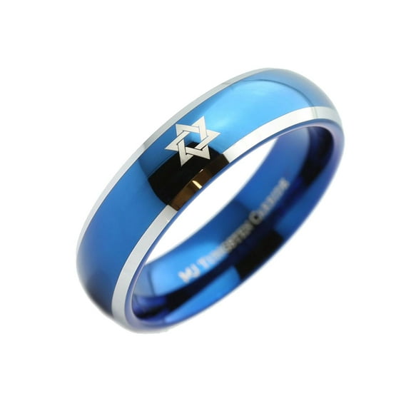 Star Of David 6mm Blue Plated Tungsten Carbide Ring Wedding Band