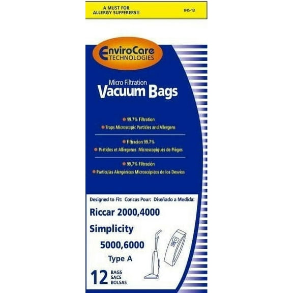 Riccar 2000, 4000 and Vibrance Series. Simplicity 5000, 6000 and Symmetry Type A Vacuum Bags - 12 Pack