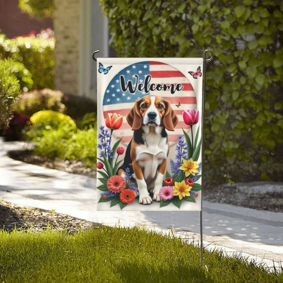 Welcome Beagle Dog Garden Flag 12x18 Inch Double Sided Patriotic American Flag Flowers Spring Summer Yard Flag Outdoor House Decor Home Gifts for Men Women Birthday Gifts Memorial Day