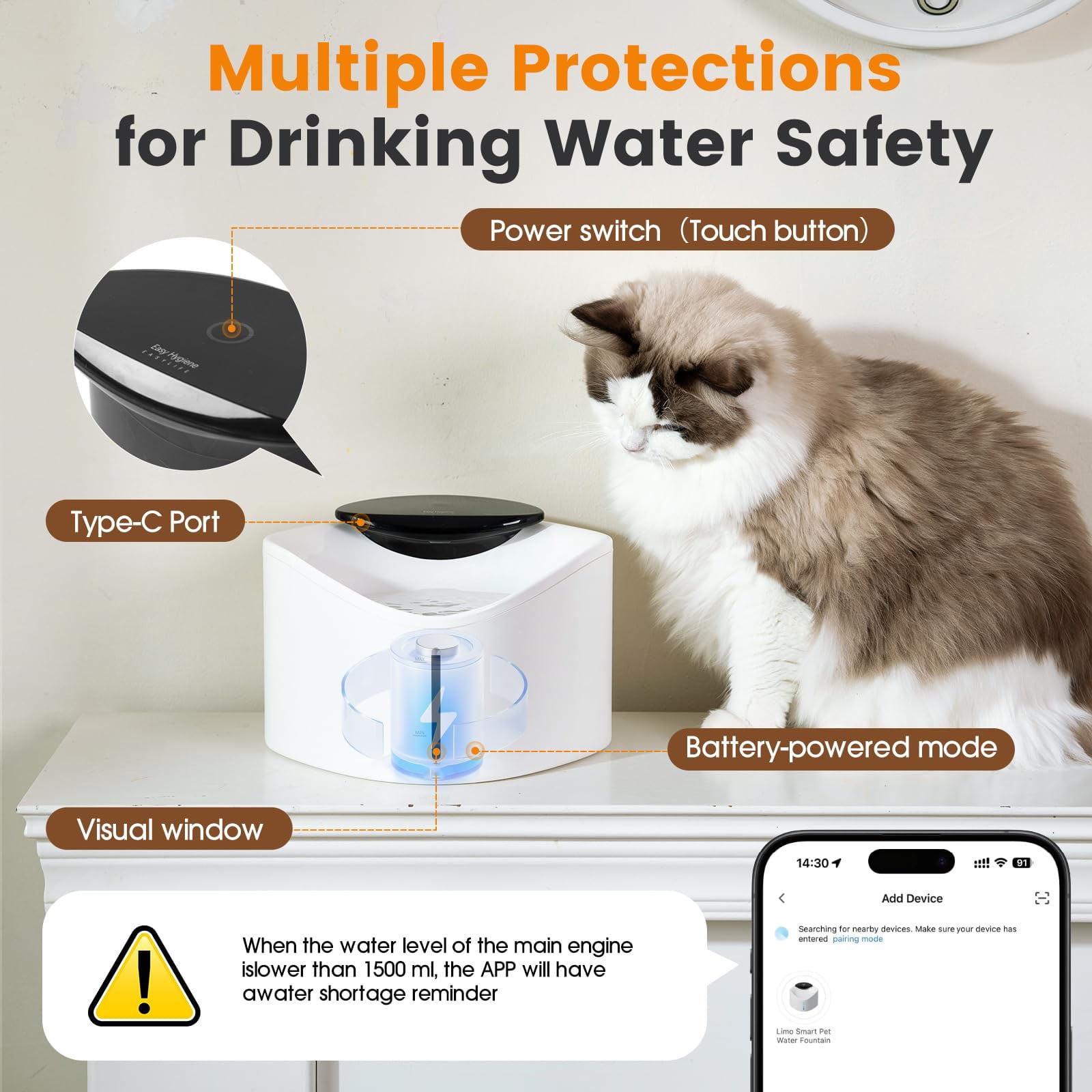 Cat Water Fountain, Smart App Control, BPA-Free Ensure Safety, Cordless & Quiet, Ultra-Long Battery Operated, Cat Fountains for Drinking with Smart Hydration Tracking, Refill  Cleaning Reminder