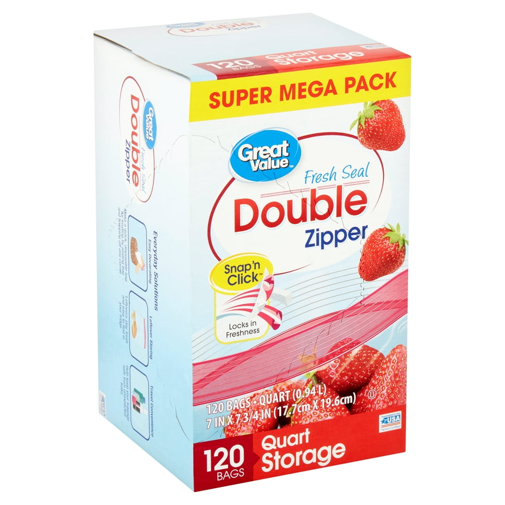 Great Value Double Zipper Quart Storage Bags Super Mega Pack, 120 count