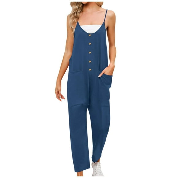 Summer Jumpsuits for Women Spaghetti Straps Casual Button V Neck Plain Cropped Pants Rompers Outfits with Pockets