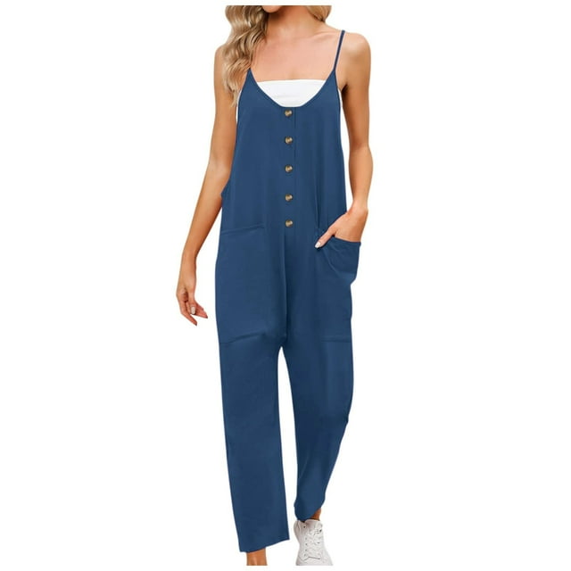 Summer Jumpsuits for Women Spaghetti Straps Casual Button V Neck Plain Cropped Pants Rompers Outfits with Pockets