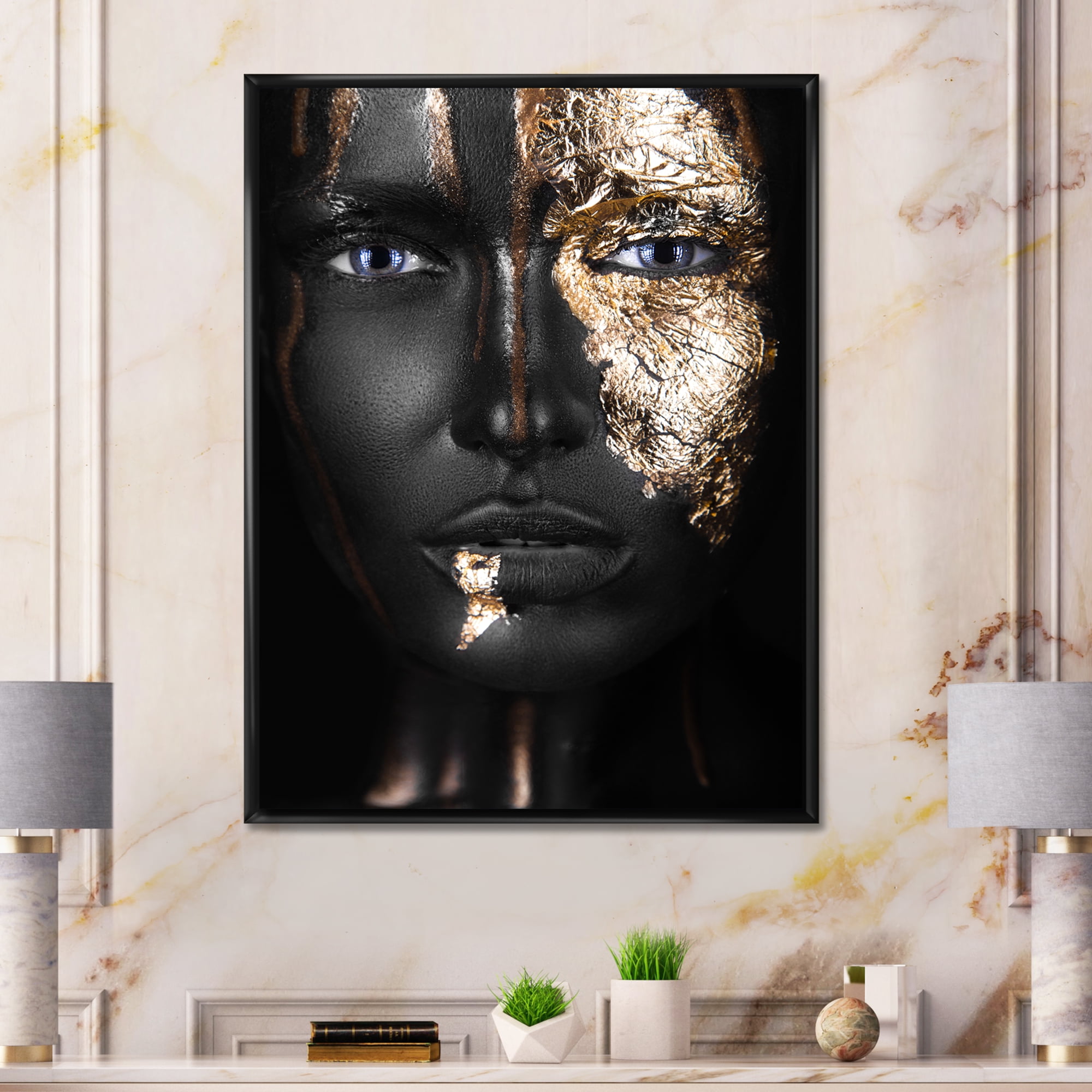 Designart 'Portrait of A African American Girl with Gold Makeup' Modern Framed Canvas Wall Art Print