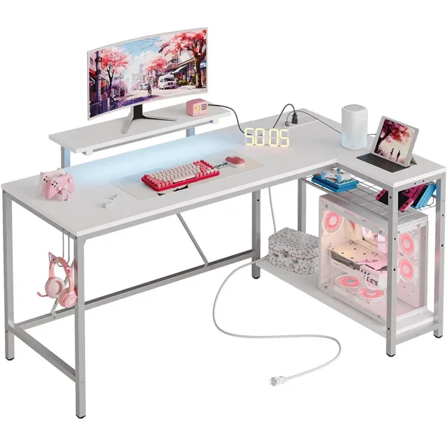 Bestier L Shaped Gaming Desk with LED Lights & Power Outlets, 58'' Reversible Computer Corner Desk with Shelves, Carbon Fiber White Home Office Workstation with Monitor Stand & Headphone Hook