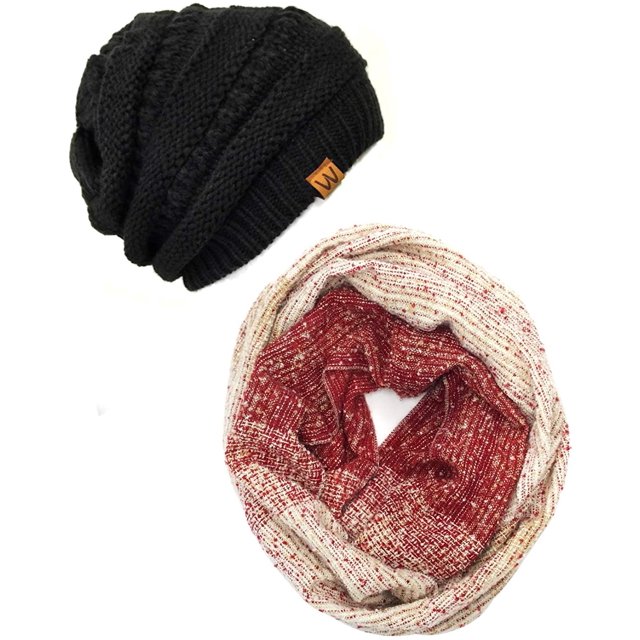 Winter Warm Knitted Infinity Scarf and Beanie Hat Set