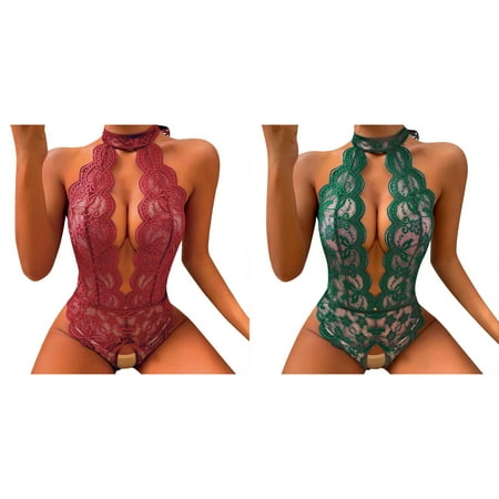 2-Pack Women Fashion Bodysuit Lingerie Roleplay Lingerie Women Red Plaid Lace Lingerie Night Robe Women Lingerie And Stockings And Sleeves Pajamas for Women Back Opening Valentines Day