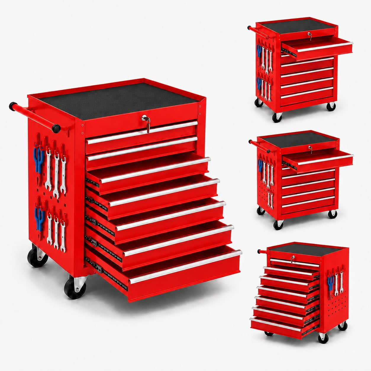 24 in Rolling Tool Chest on Wheels, 7-Drawer Lockable Tool Storage Cabinet/Tool Cart with Drawer Liners for Garage, Workshop, Auto Repair Shop & Warehouse - Red