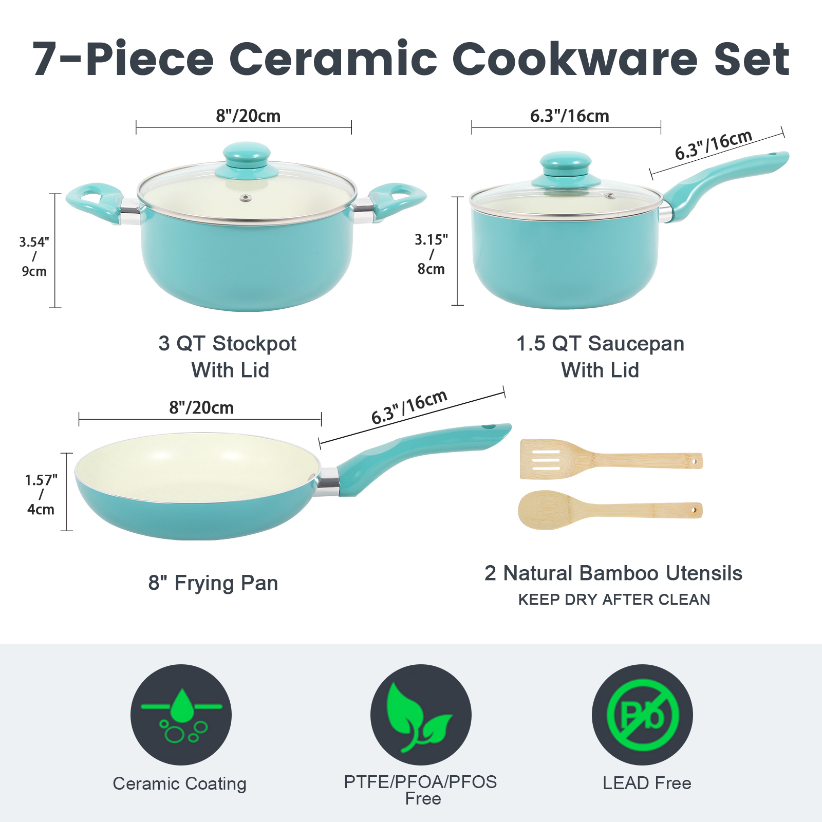 M MELENTA Pots and Pans Set Non Stick, 7 Piece Induction Cookware Set, Pots and Pans with Stay Cool Handle,  Turquoise