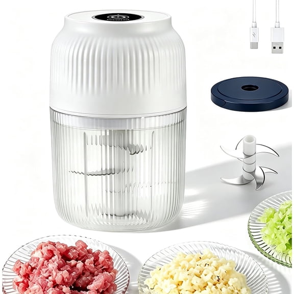 Household Electric Garlic Crusher 6 Blades Portable Mini Food Processor Cordless Chopper with Lid & Egg Beater for Meat Vegetable (White, 1 Pcs)