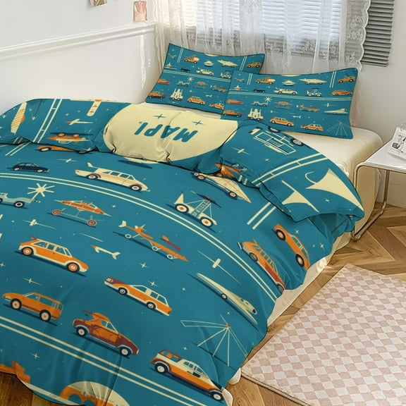 Duvet Cover Queen Size Cartoon Car 3 Pcs Duvet Cover Set Bedding Sets Queen Soft Breathable
