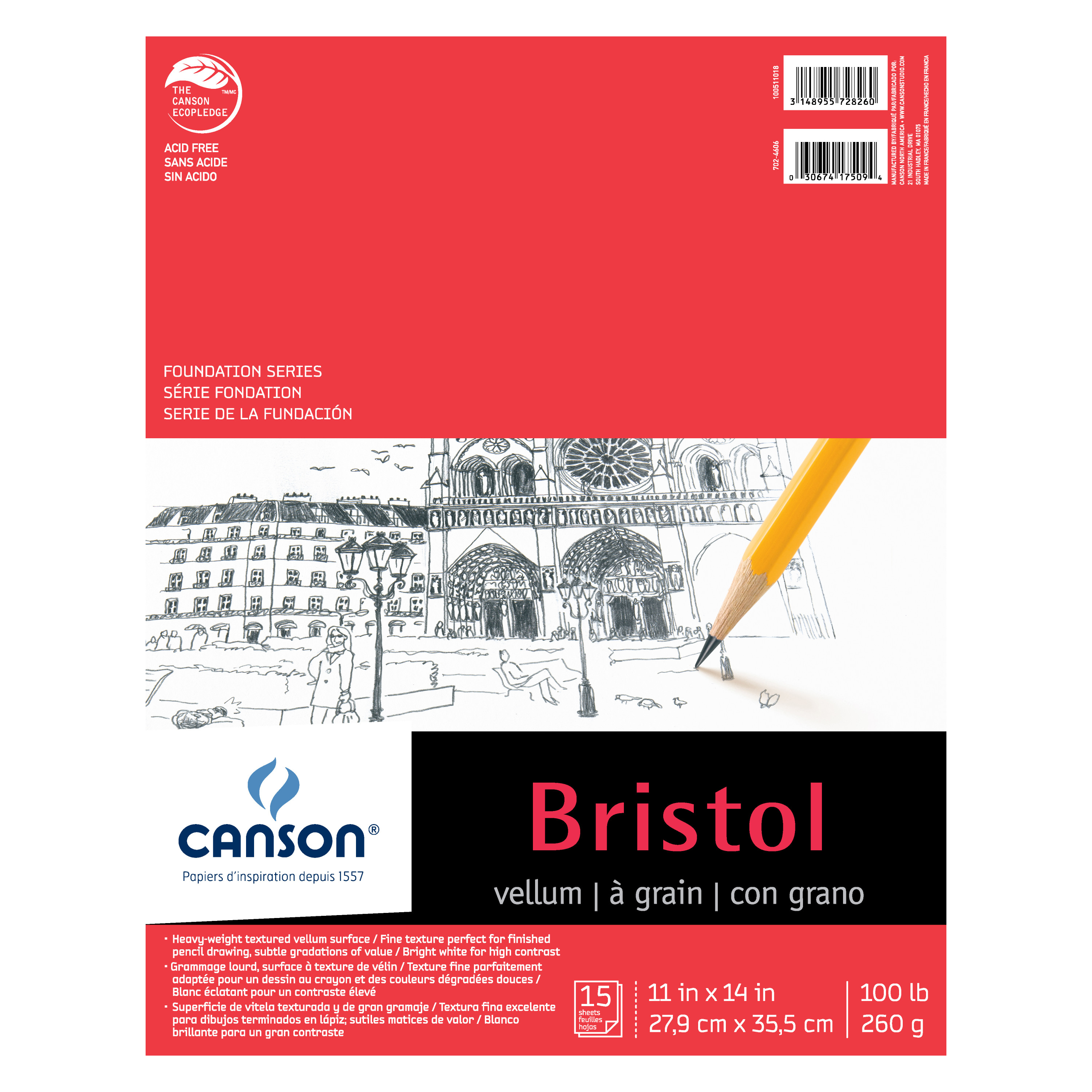 Canson Foundation Series Bristol Pad Vellum, 11" x 14", 15 Sheets/Pad