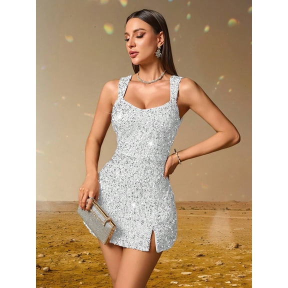 Silver-White Sequin Sleeveless Mini Dress With Side Slit For Evening Cocktail Party