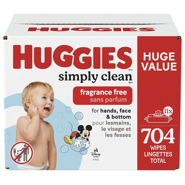 Huggies Simply Clean Baby Wipes, UNSCENTED, 11 Flip Lid Packs, 704 Wipes