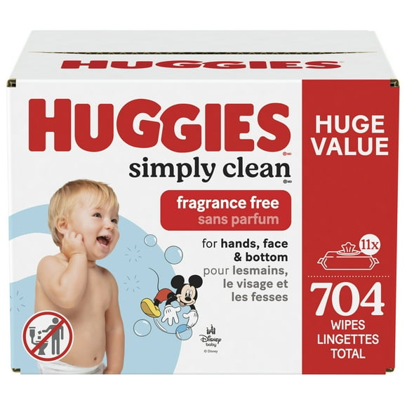 Huggies Simply Clean Baby Wipes, UNSCENTED, 11 Flip Lid Packs, 704 Wipes