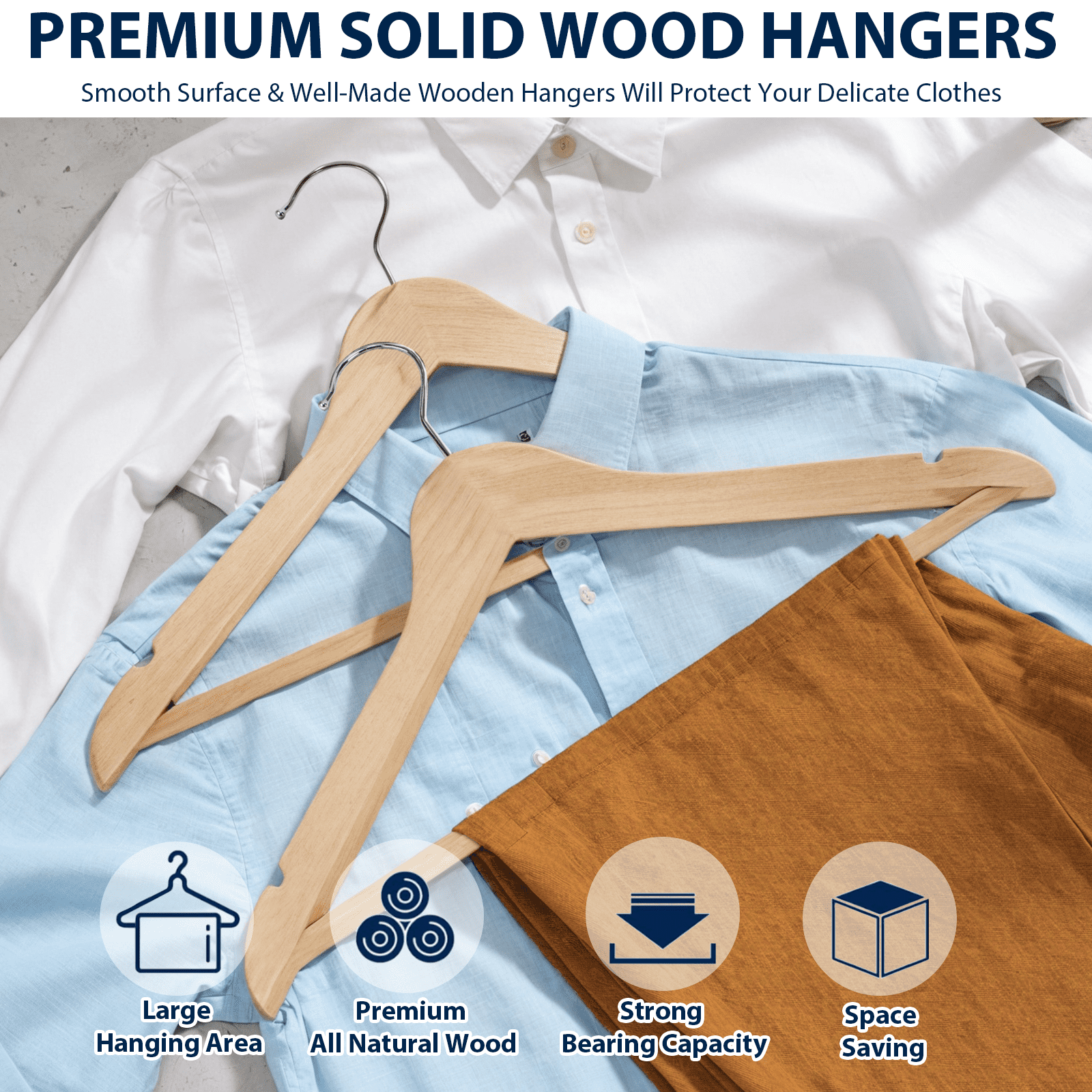 LIZEVINC Wooden Hangers 20 Pack, Natural Wood Suit Hangers with Non-Slip Pants Bar and 360° Swivel Hook, Cloth Hangers for Shirts, Jackets, Dress, Pant