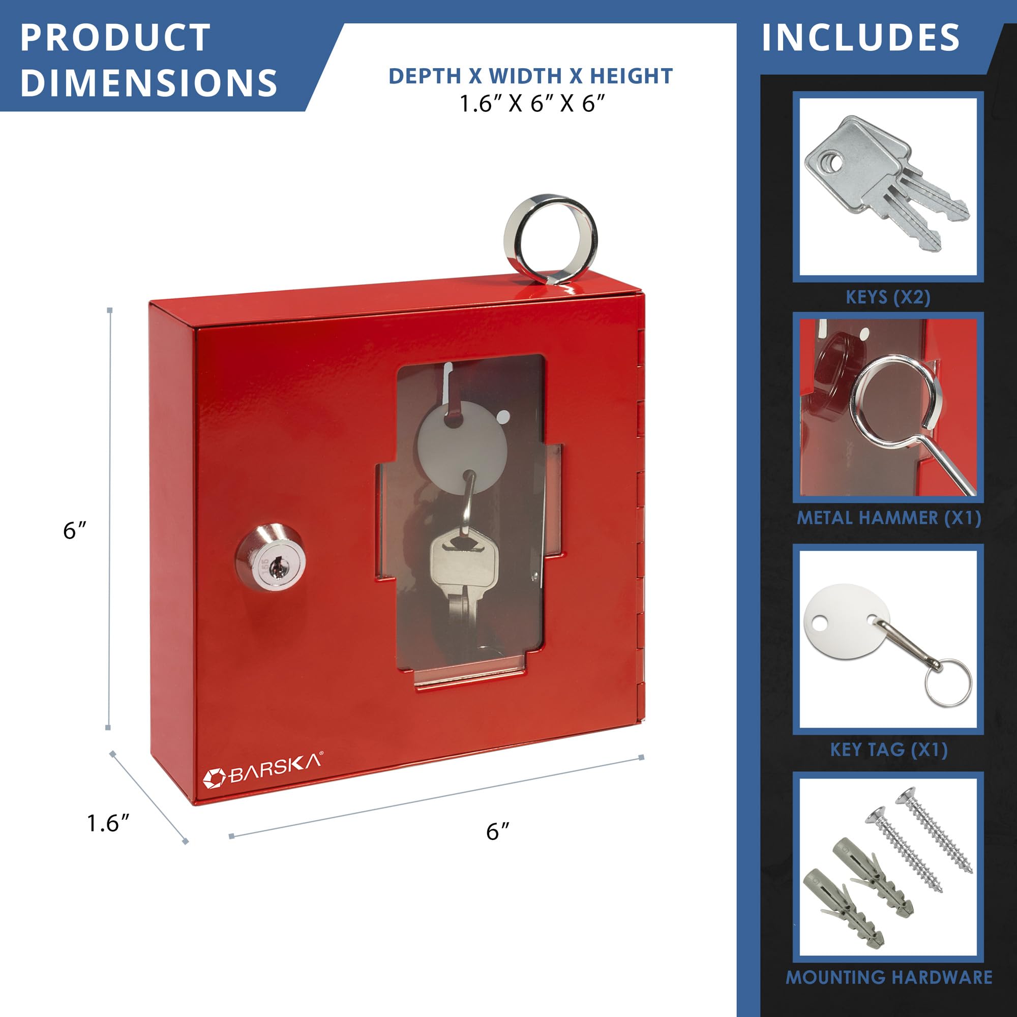 Barska Emergency Key Box with Breakable Glass and Hammer - Bright Red Steel Key Lock Box for Restricted Access - Wall Mount with Pre-Drilled Holes - Ideal for Home or Office Security CA2