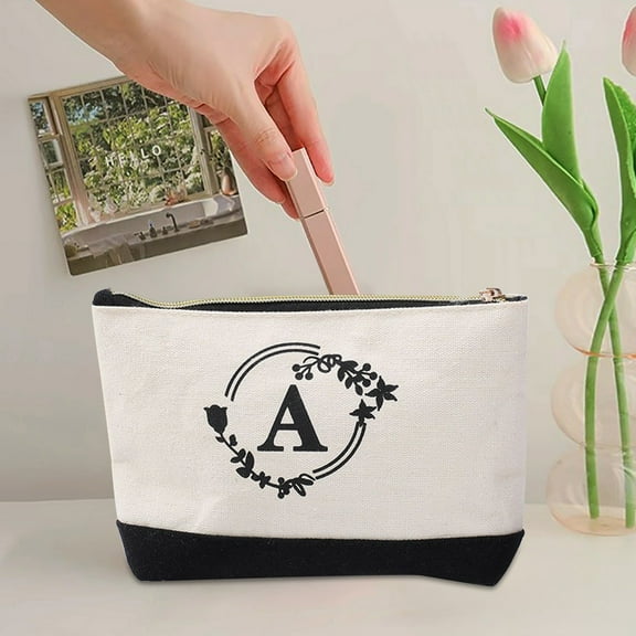 Initial Cosmetic Bag for Women Cute Canvas Makeup Pouch with Design Portable Hand Carry Storage Organizer