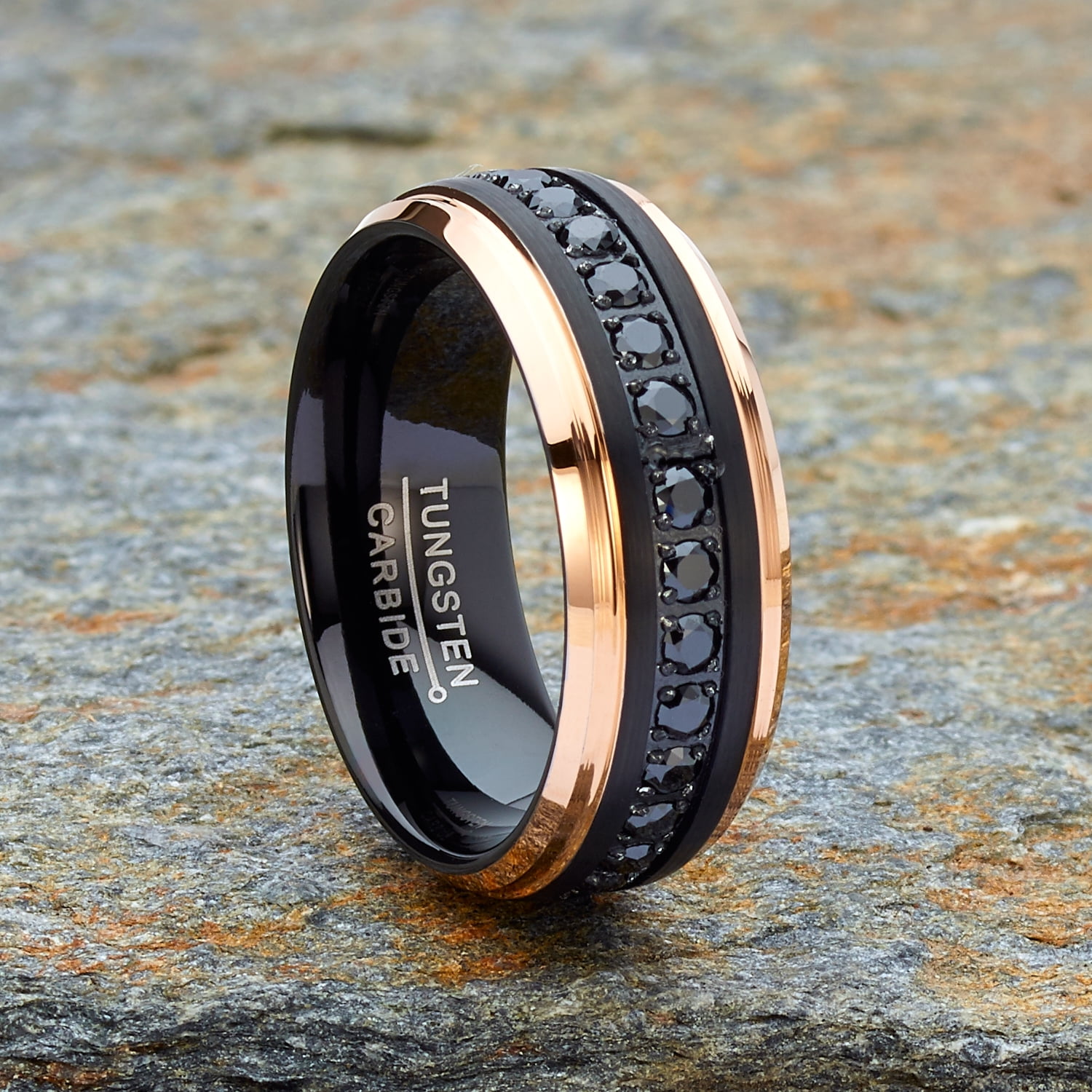 Men Tungsten Two-Tone Wedding Band Black Rosegold-tone Eternity