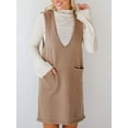 thumbnail image 3 of Women'S V Neck Sleeveless Knitted Solid Short Sweater Dress with Pockets Khaki S, 3 of 8