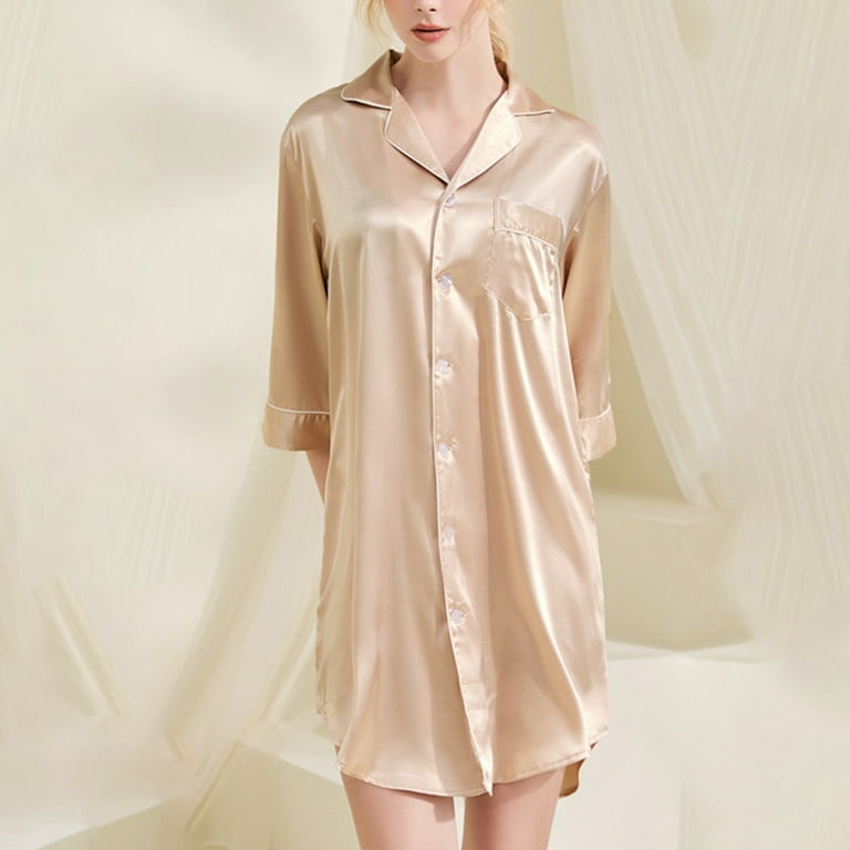 Women's Satin Nightshirt Button Down Sleepshirt Silk 3/4 Sleeve Nightgown