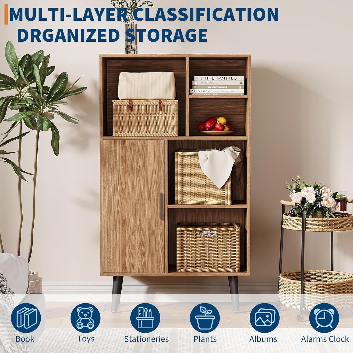 4 Tier Mid-Century Small Bookcase with Legs, Freestanding Wood Short Bookshelf with Door, Multi-Functional Walnut Cube Storage Organizer for Living Room, Bedroom, Home Office