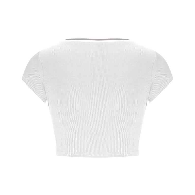 JWZUY Casual Blouse Women Ribbed Knit Cropped Tops Sexy Plunge U neck Short  Sleeve Shirts Summer Tunic Chic Tees Fashion Tshirts White S