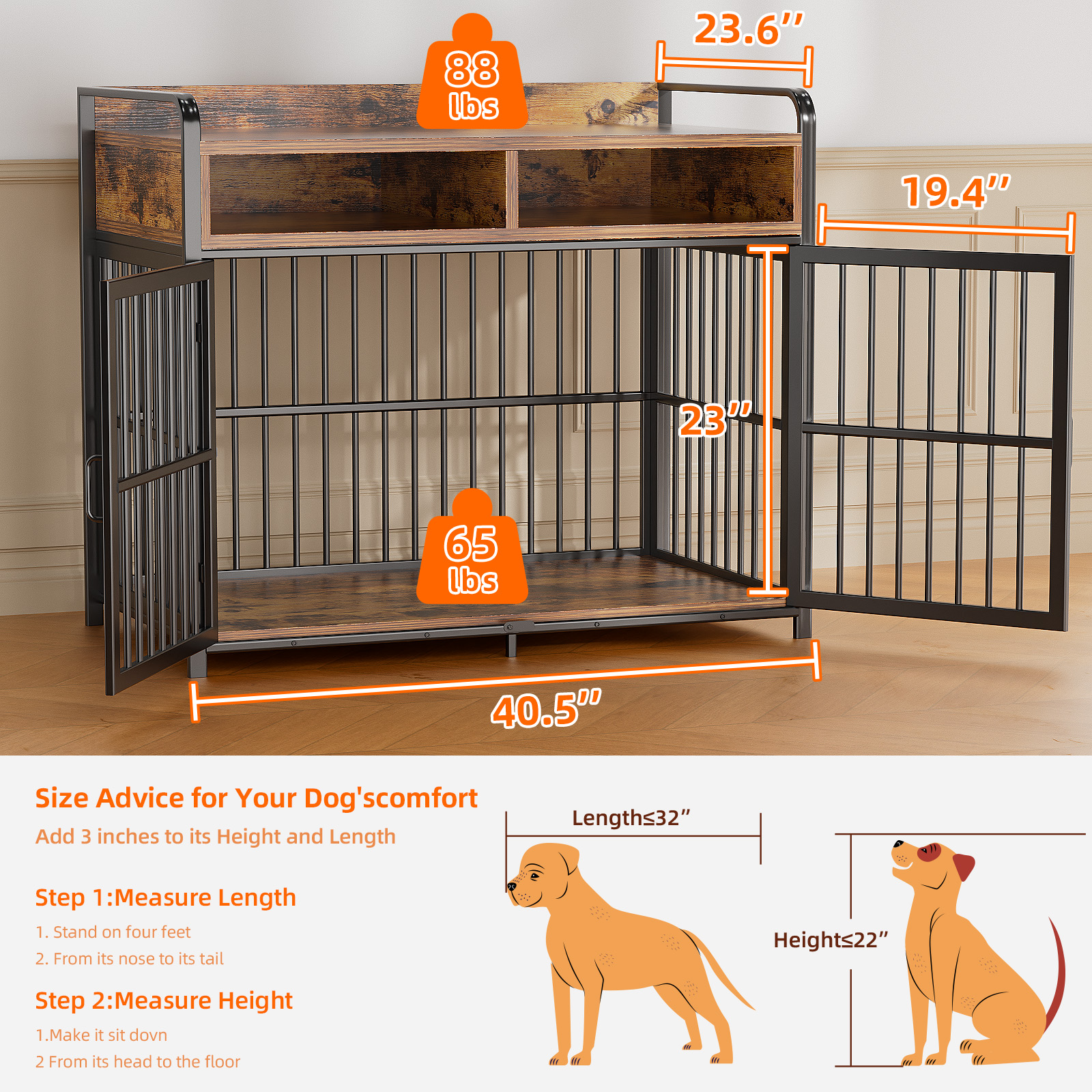ModFurne Large Dog Crate Furniture with Drawers Storage, Puppy Dog Kennel Indoor with Double Doors, Brown