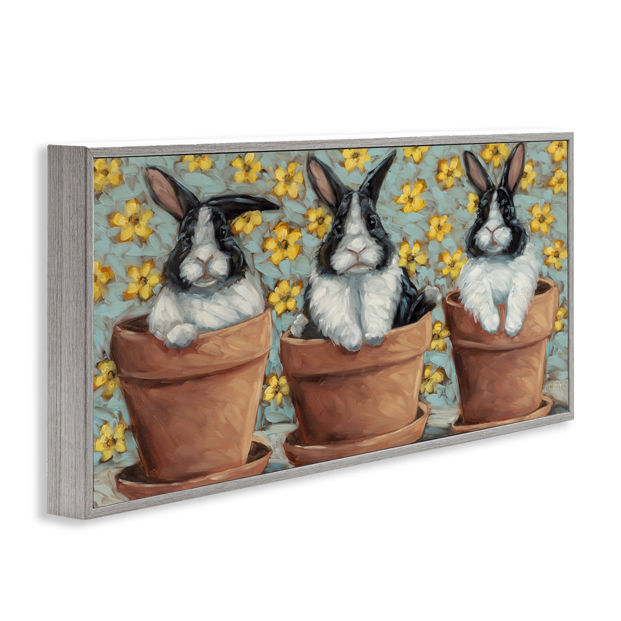 Stupell Industries Three Bunnies in Pots Animals & Insects Painting Gray Framed Art Print Wall Art, 30 x 13