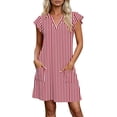 thumbnail image 3 of Noric Women's V Neck Striped Mini Dresses Ruffle Cap Sleeve with Pockets Relaxed Fit Casual Summer Lightweight Flowy Casual Dresses, 3 of 7