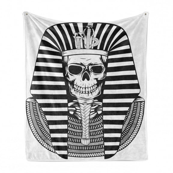 King Soft Flannel Fleece Throw Blanket, Egyptian Pharaoh Ruler Mummy Skull Skeleton for Egypt Lovers Print, Cozy Plush for Indoor and Outdoor Use, 50" x 70", Black and White, by Ambesonne