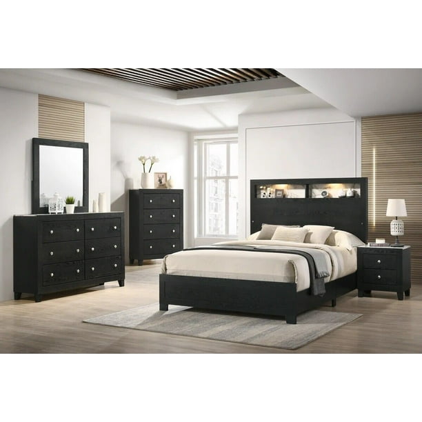 Modern 3pc King Size LED Headboard Bed and Nightstands Wooden Bedroom ...