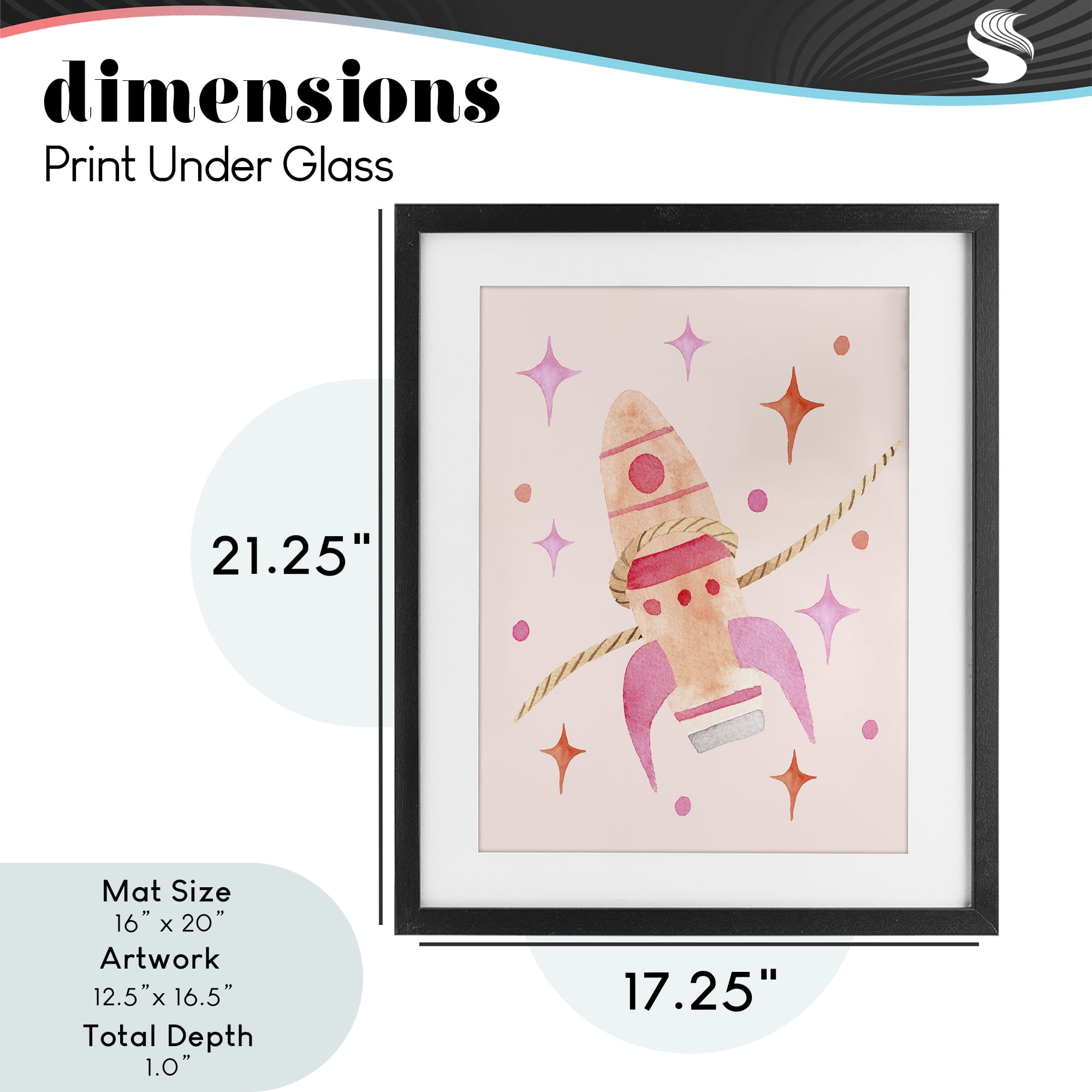 Lasso Rocket Ship Black Framed Print Under Glass, design by Nina Jacobs