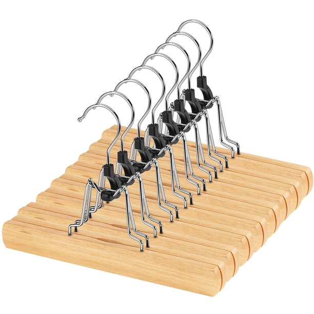 Perchas de madera para pantalones AMKUFO, paquete de 12 unidades, antideslizantes con clips