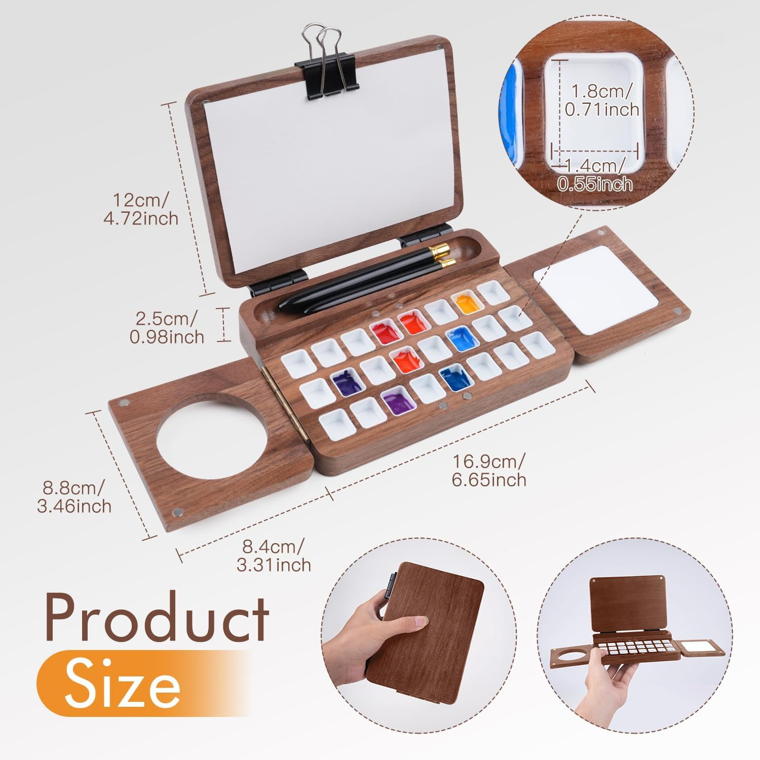 Portable Watercolor Palette, Travel Watercolor Palette 24 Grids Foldable with 2pcs Sable Travel Watercolor Brushes, Portable Walnut Wood Palette Box for Plein Air Painting