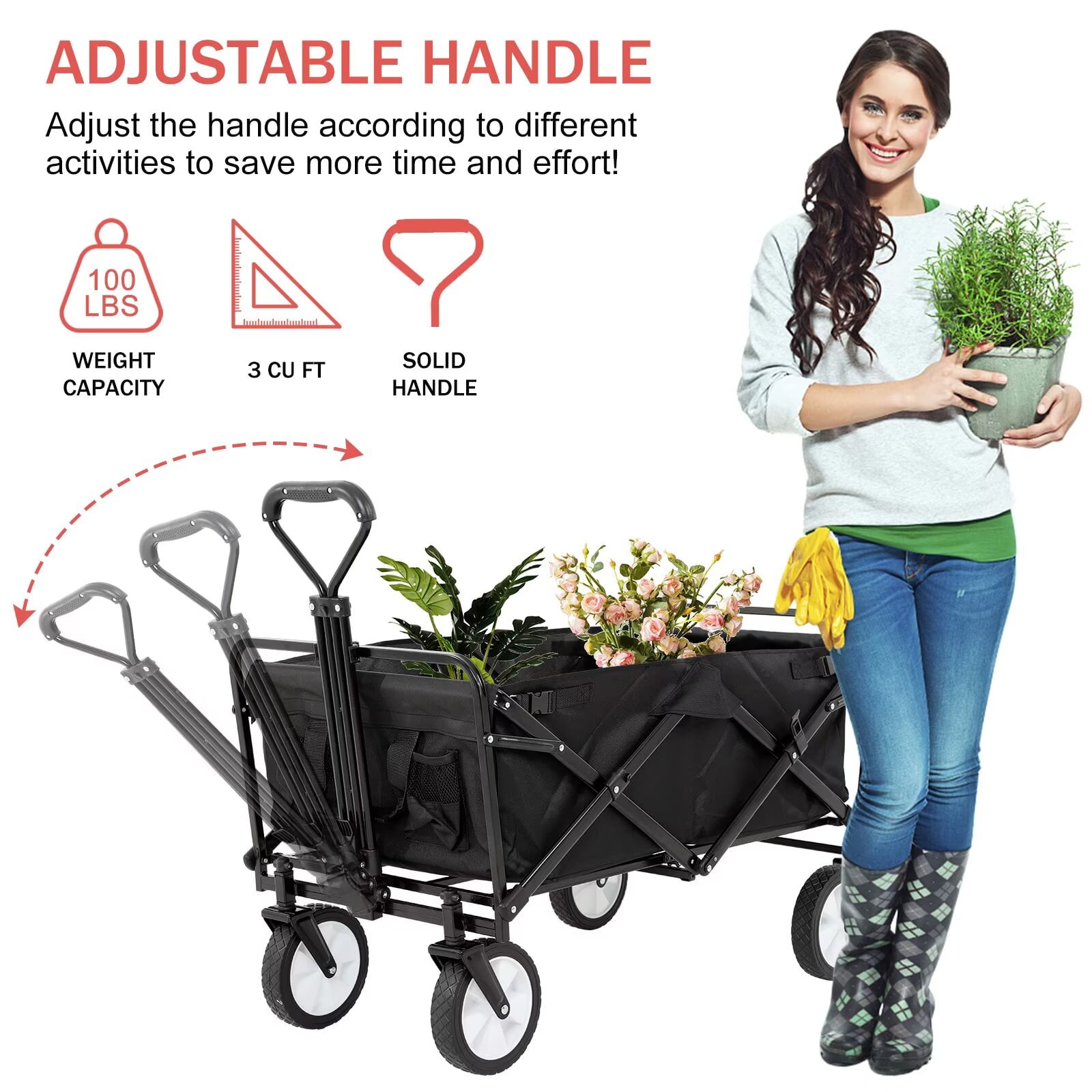 YRLLENSDAN,Beach Wagon with Big Wheels for Sand,Beach Carts for Sand,Grocery Cart on Wheels,Wagon Stroller,Foldable,Suitable for Outdoor Use,Black
