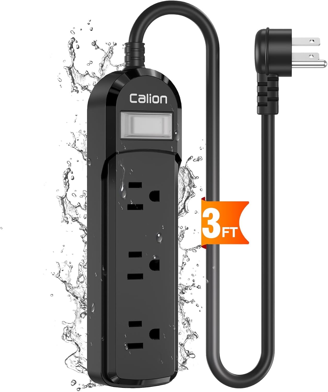 RGHJAR-Black Outdoor Power Strip Weatherproof,3 FT Short Waterproof Extension Cord,Surge Protector with 3 Wide Outlets, 16AWG,1875W/15Amps, Shockproof Outlet Extender for Kitchen,Patio,Garden Lightin