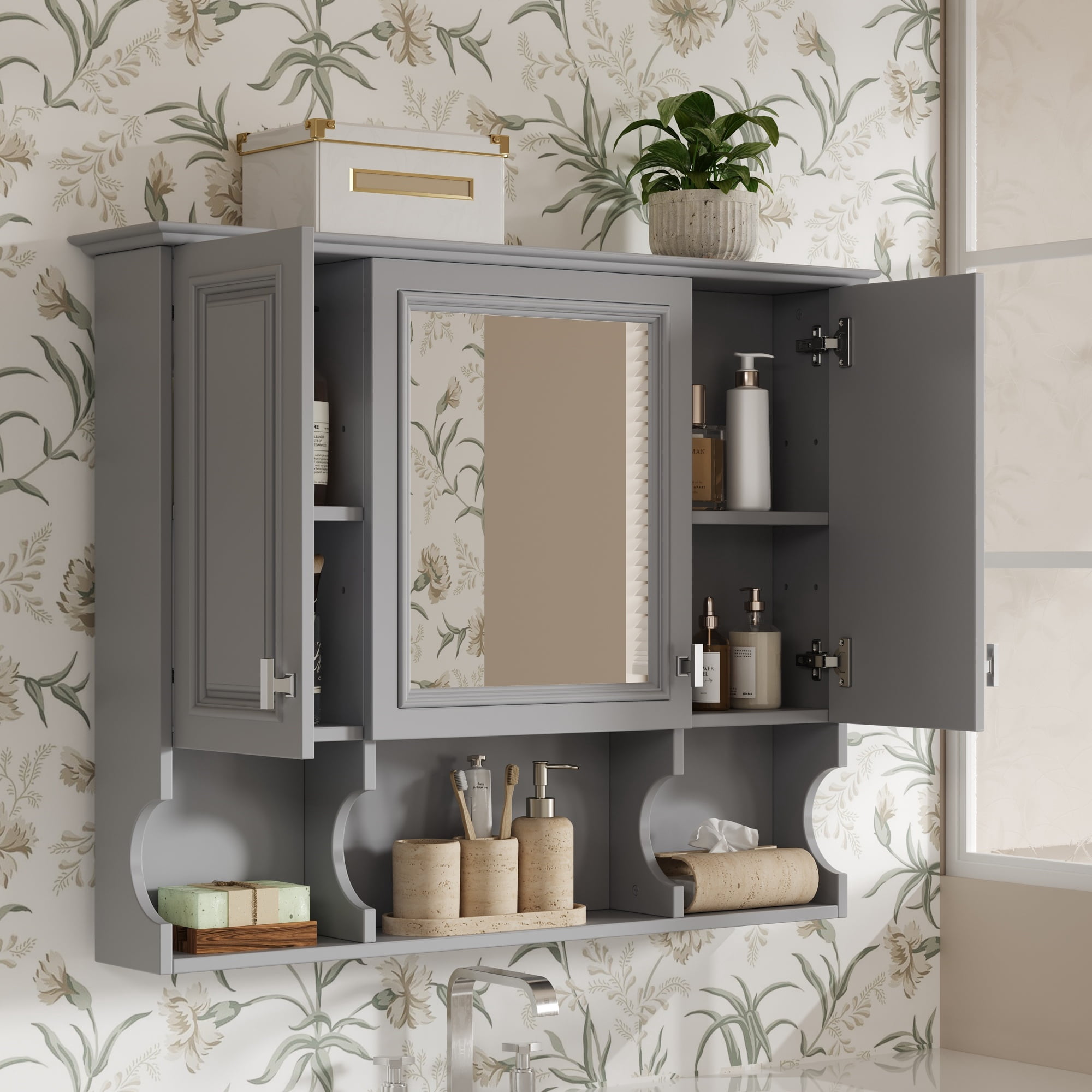 Euroco 35'' x 28'' Wall Mounted Bathroom Medicine Cabinet, Modern Bathroom Wall Cabinet with Mirror, Mirror Cabinet with Open Shelves